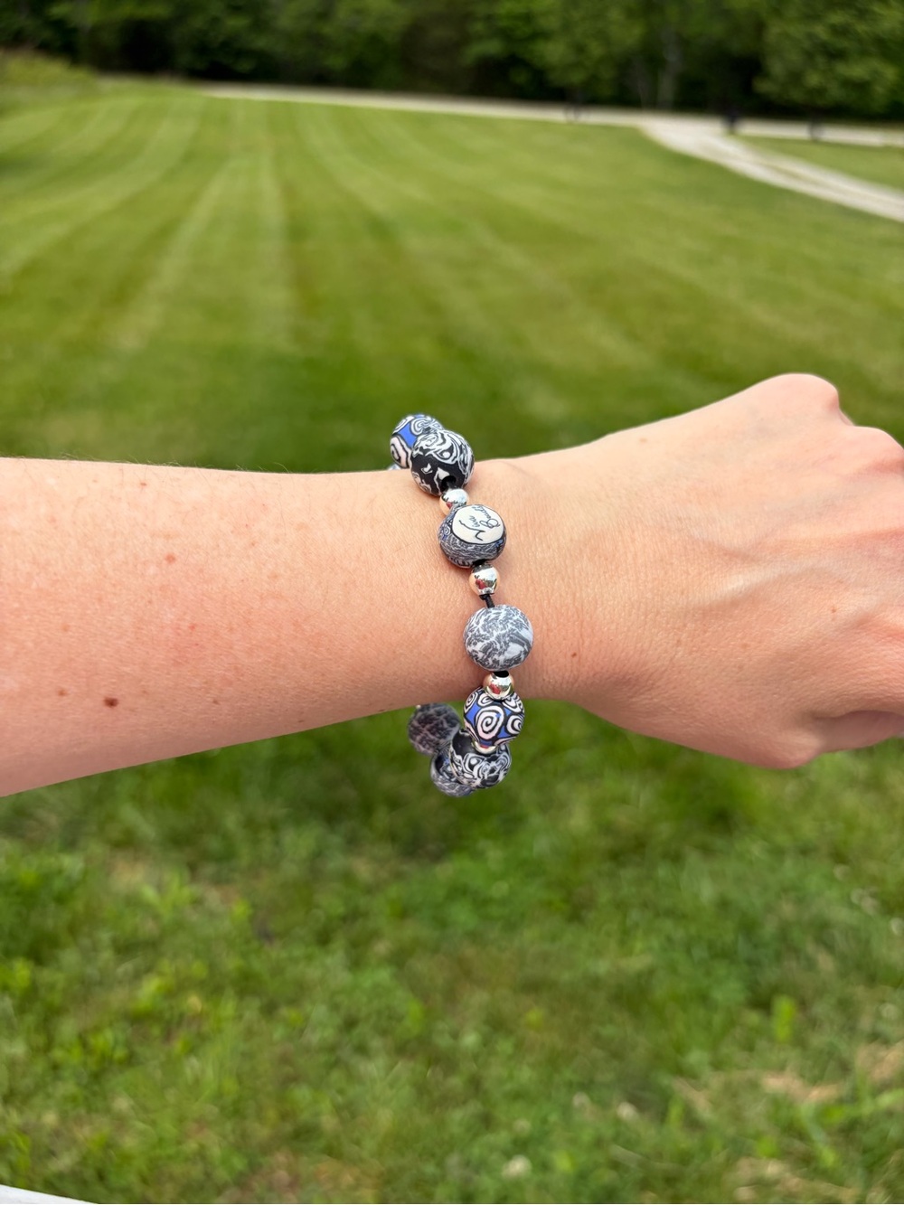 Viva Beads Chunky Silver Clay Handmade Stretchy Bracelet Blue Grunge 90’s Floral